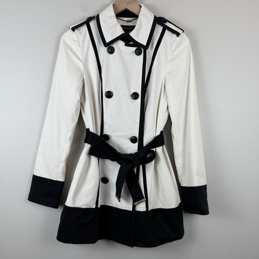 ESCADA Trench Coat Womens Size 36 US Small Black White Belted Military‎ Style